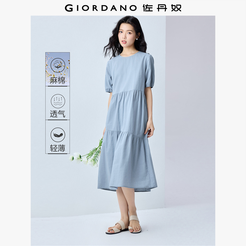佐丹奴天然棉麻连衣裙女装减龄圆领泡泡袖夏季蛋糕裙05465323