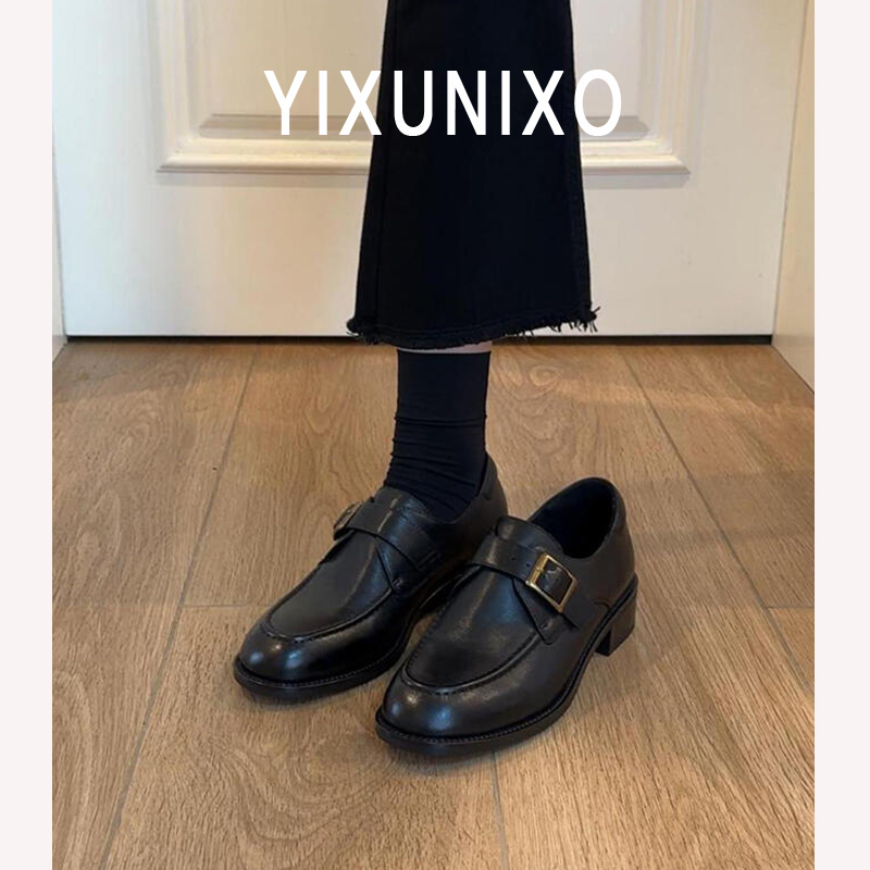 牛皮版~真皮圆头单鞋女粗跟黑色通勤小皮鞋休闲百搭英伦风乐福鞋