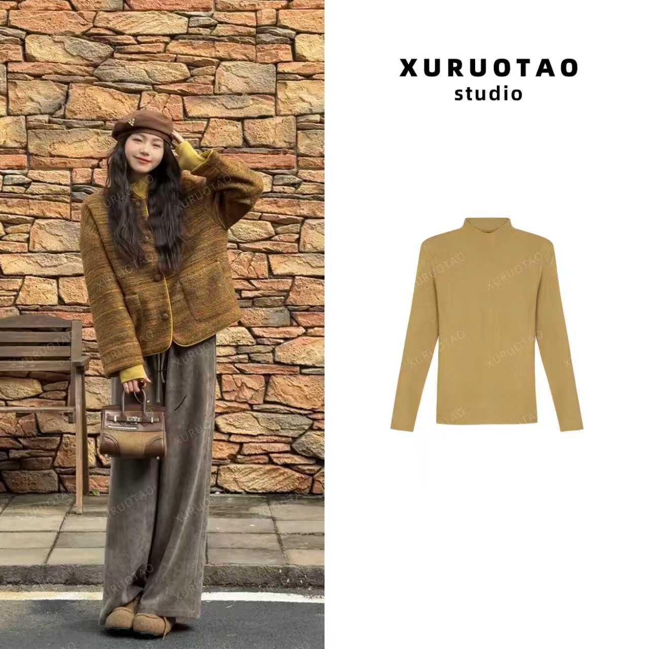 XURUOTAO【贝贝打底】羊毛混纺袖口开口设计高领云秋黄色上衣 T5833