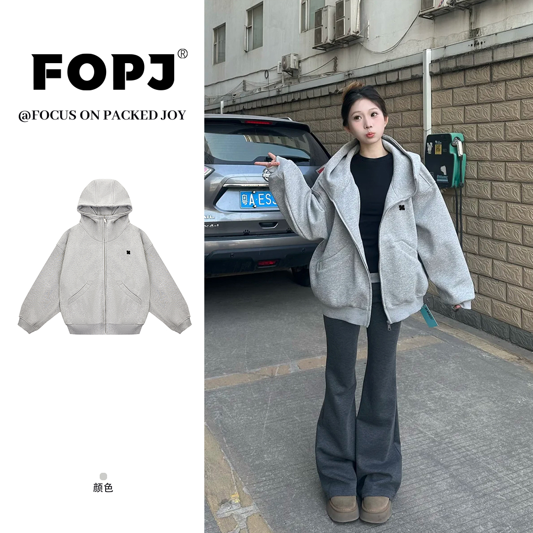 FOPJ美式学院风潮流连帽卫衣女设计感春秋款宽松百搭拉链外套上衣
