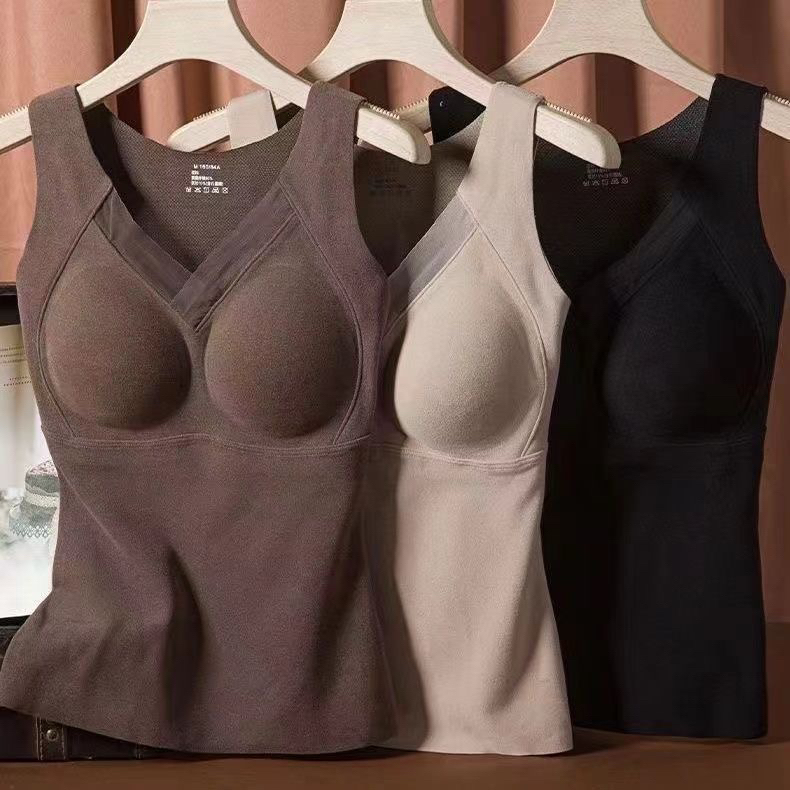 石墨烯保暖背心女蕾丝V领免穿内衣带胸垫无痕磨绒内穿美体打底