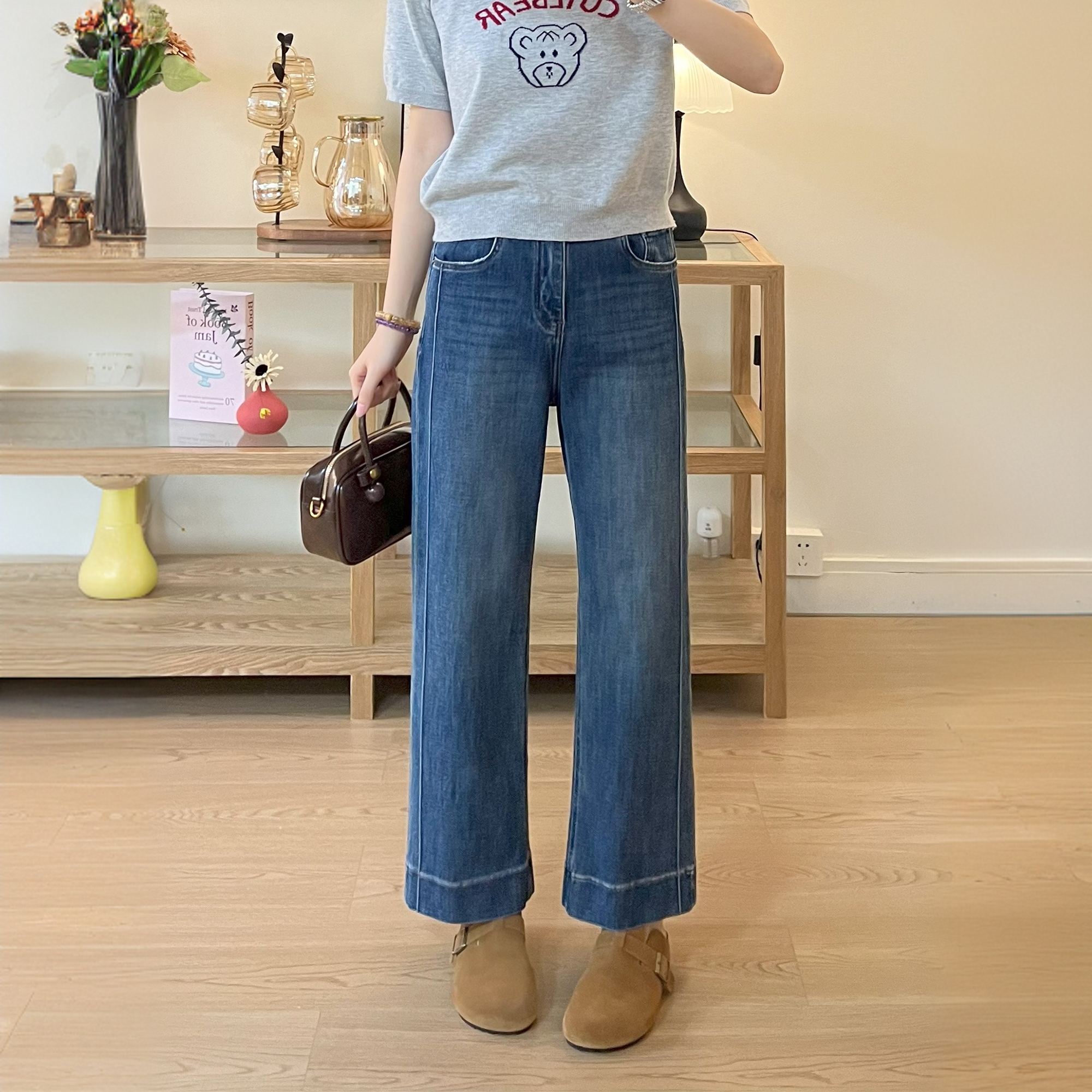 显瘦直筒牛仔裤女2025秋季新款胖mm梨形身材高腰弹力九分阔腿裤子