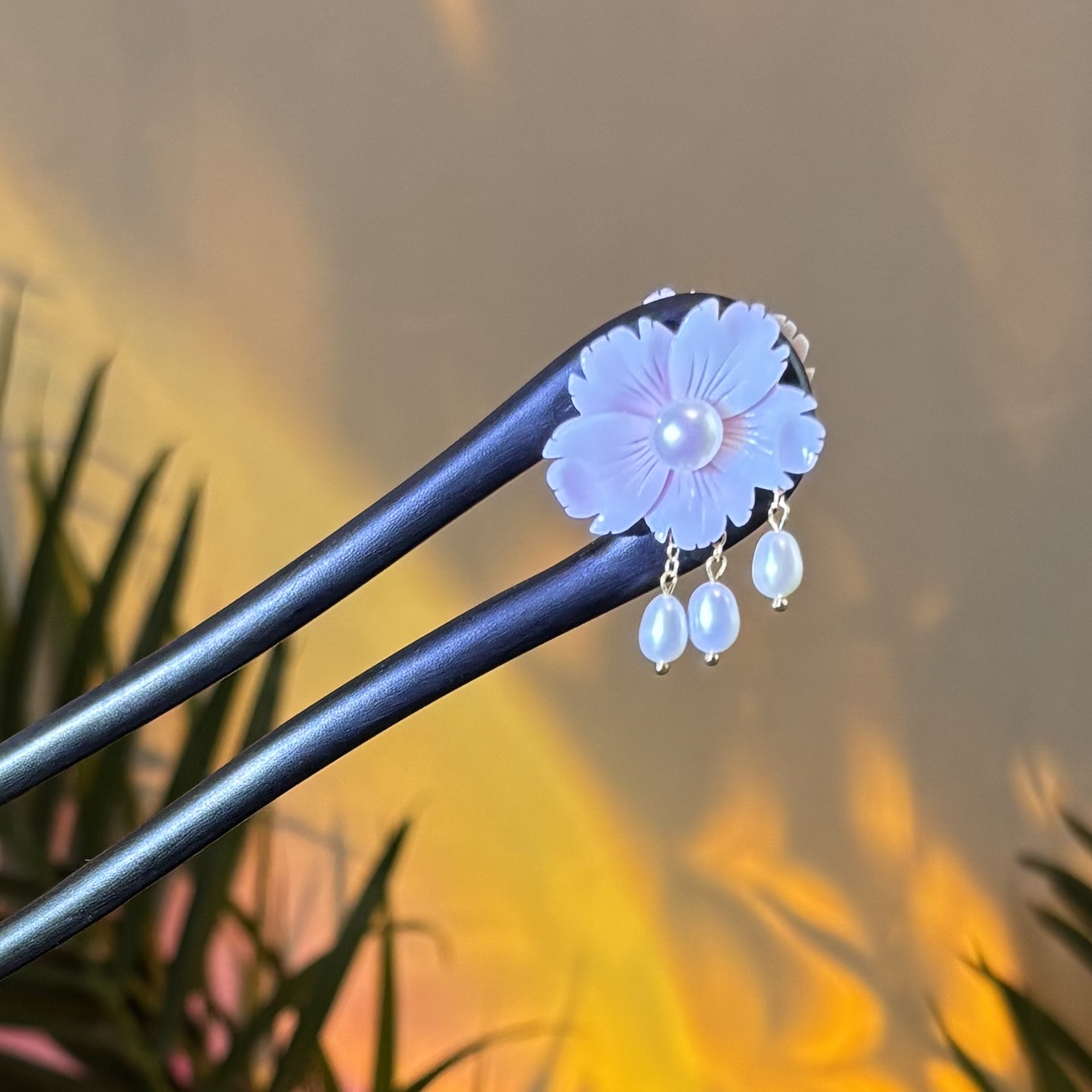 黑檀木胭脂贝珍珠发簪复古新中式国风汉服古典百搭簪子