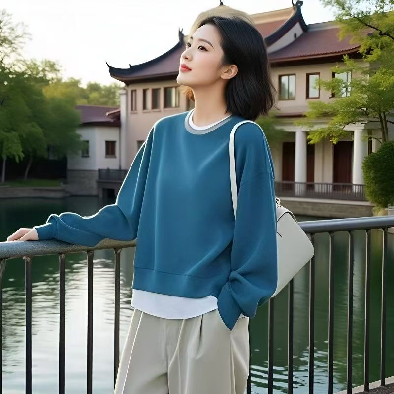 2025春秋季韩版新款设计感假两件套头宽松上衣时尚圆领卫衣外套女