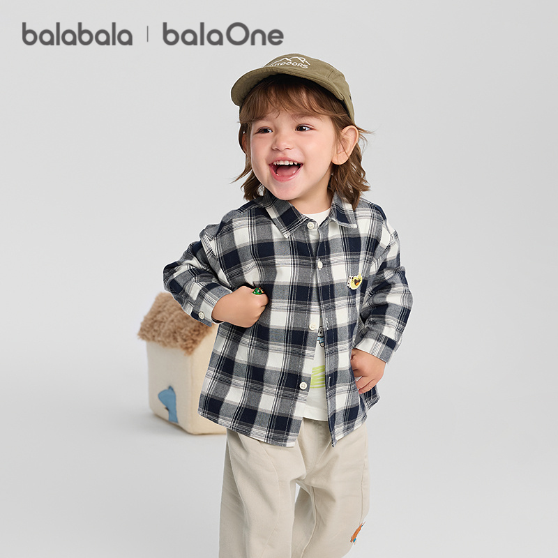 巴拉巴拉宝宝衬衫男童长袖2025新款格子外套秋超柔绒加厚亲肤舒适