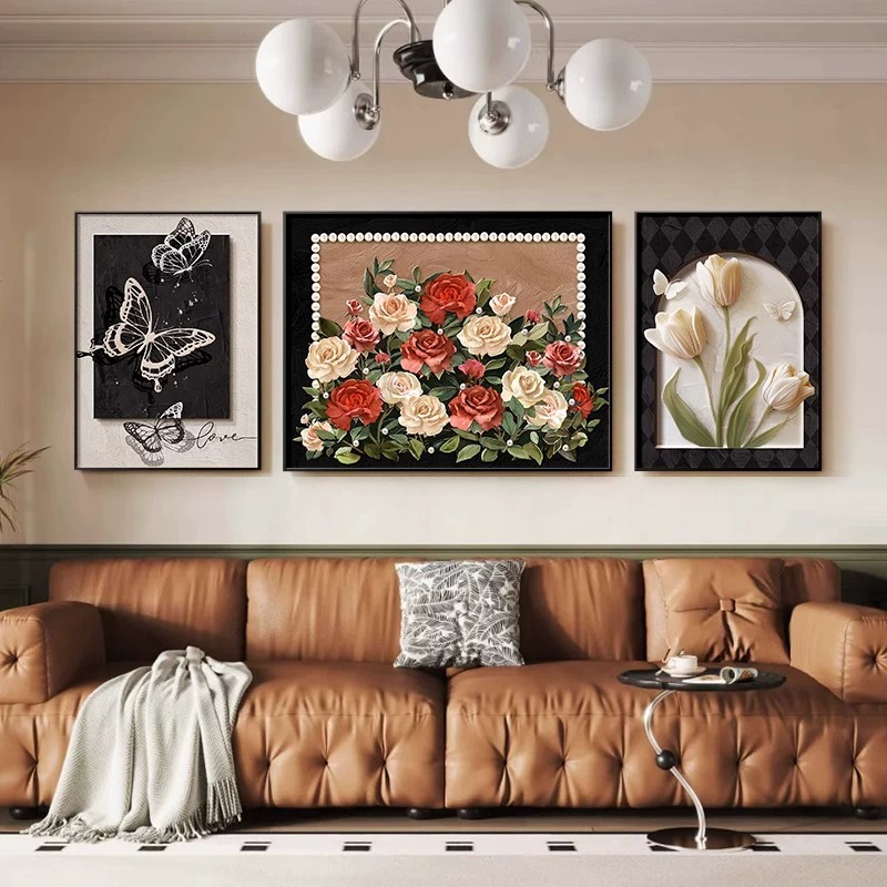 中古风客厅法式复古三联装饰画高档壁画蝴蝶玫瑰沙发背景墙挂画