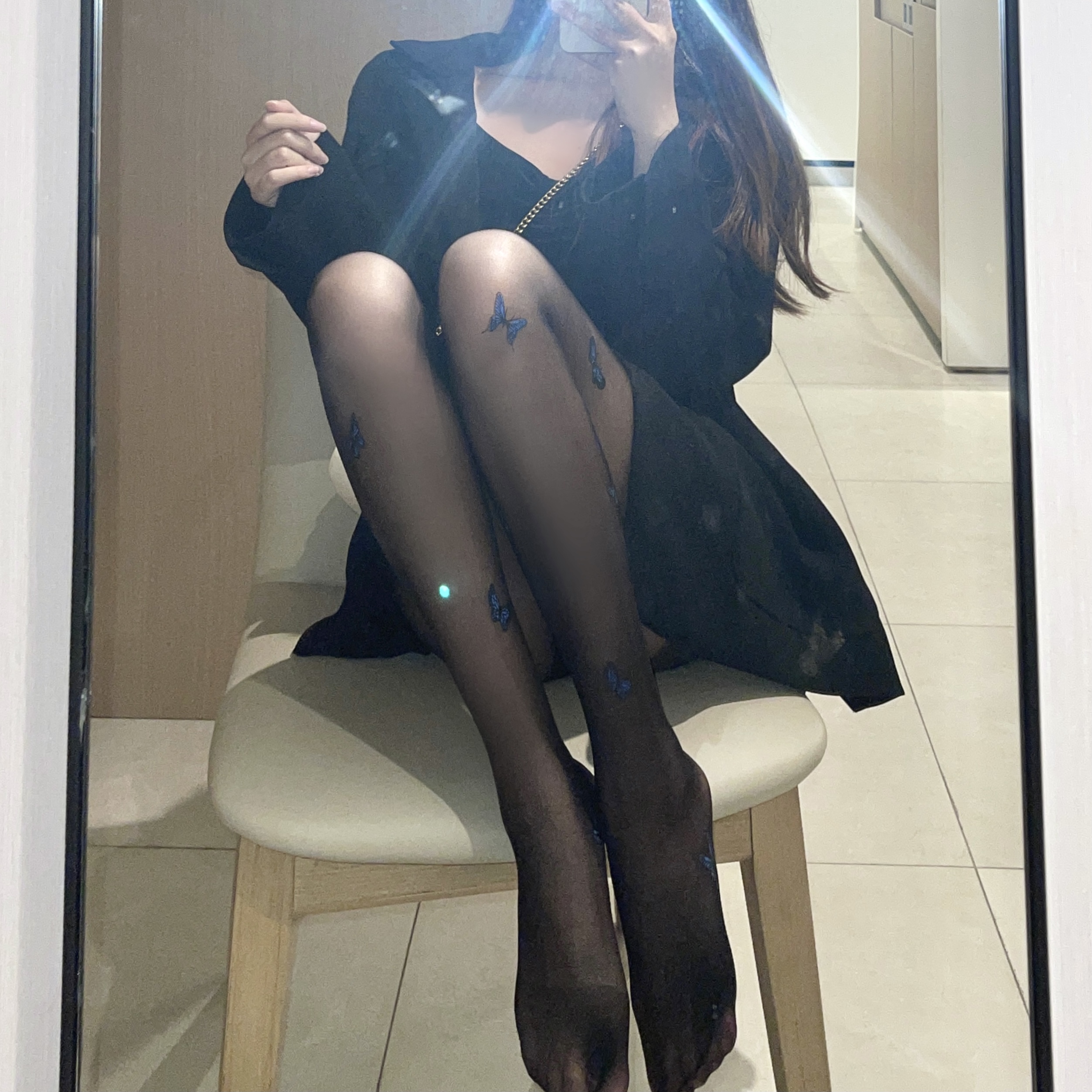蓝色蝴蝶任意剪丝袜黑色防勾丝春秋薄款性感印花黑丝美腿连裤袜女