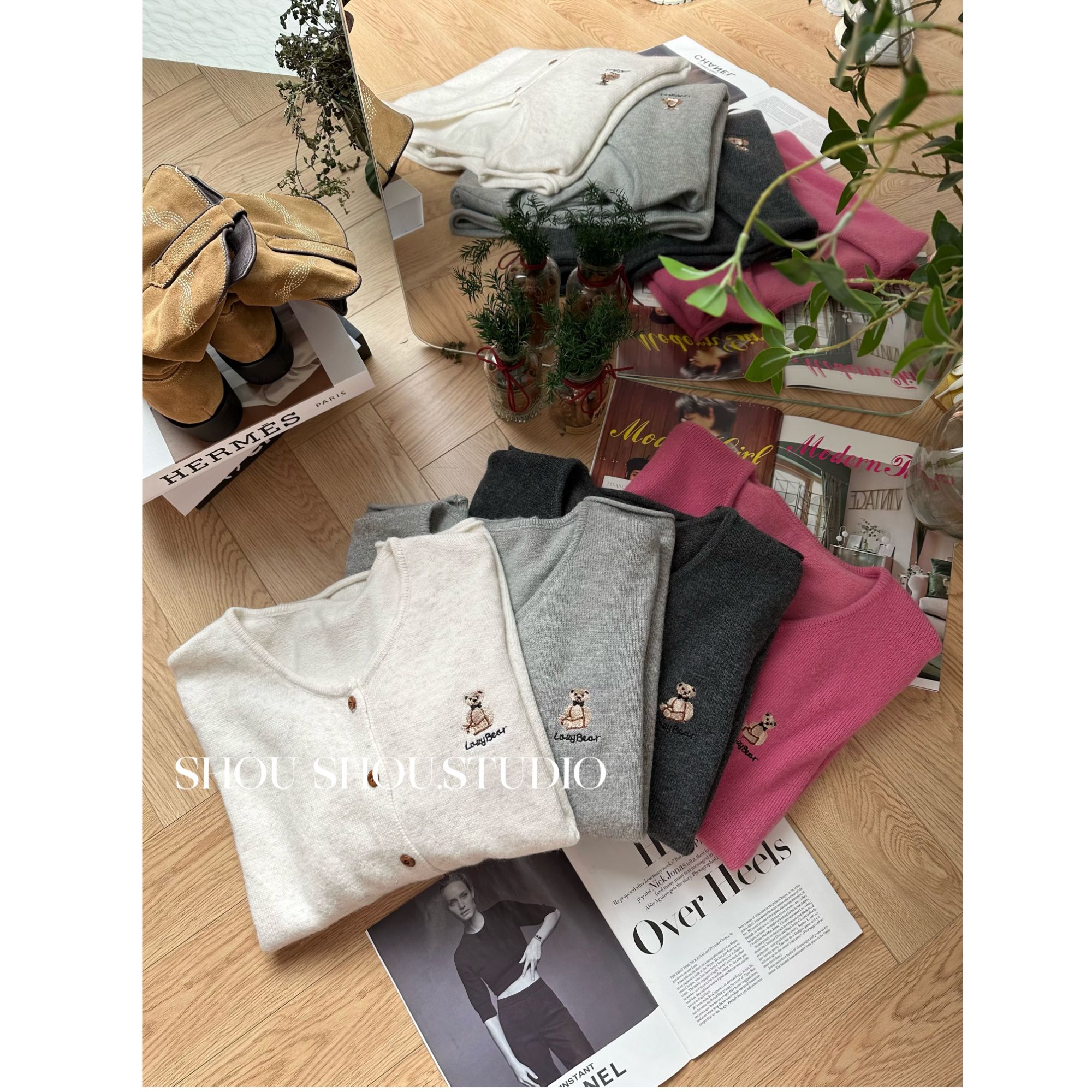 【瘦瘦】刺绣小熊-大码秋季兔绒羊毛氛围感百搭长袖开衫毛衣S01951