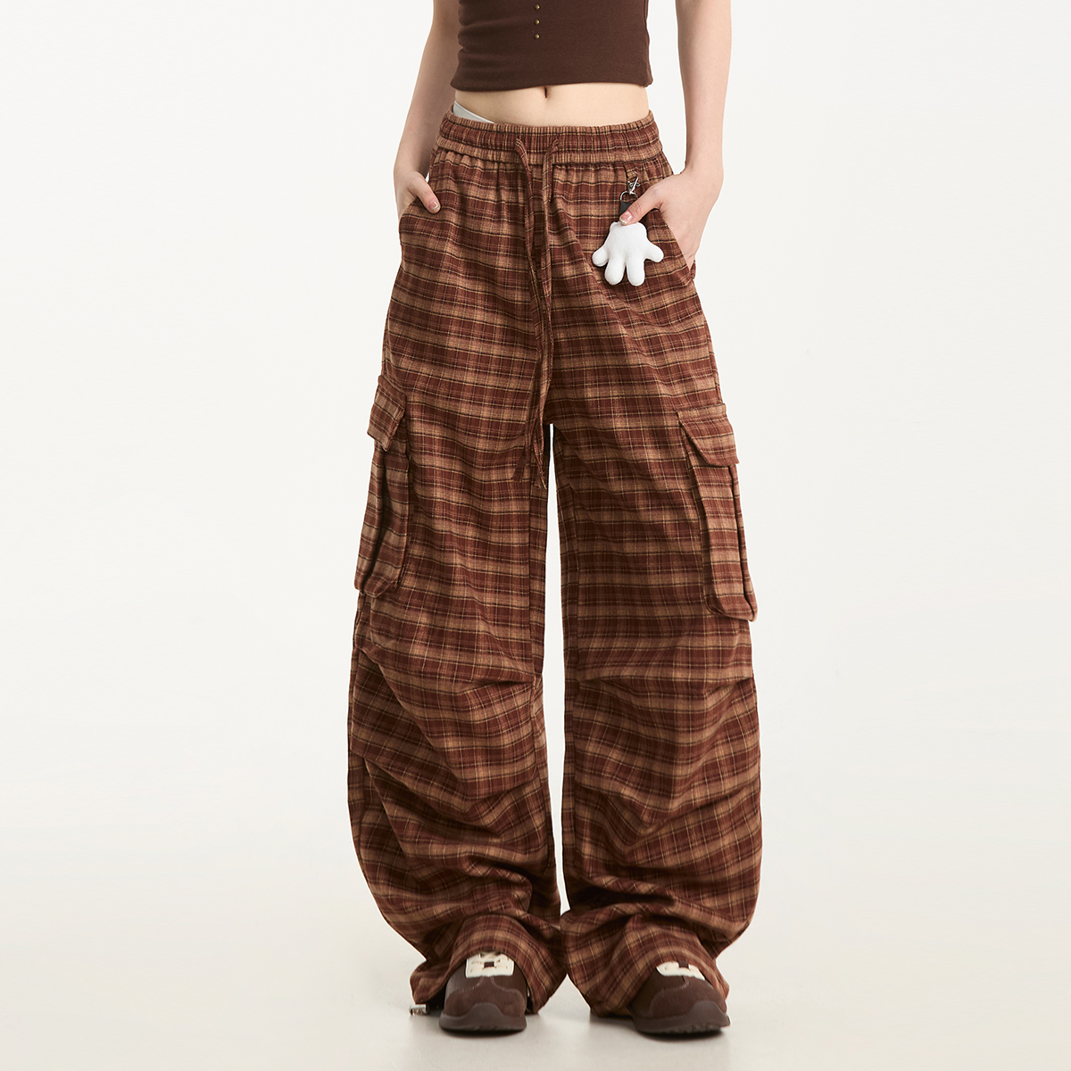 NOONOZ格纹复古美式休闲裤男秋季潮牌大口袋宽松直筒显瘦阔腿裤子