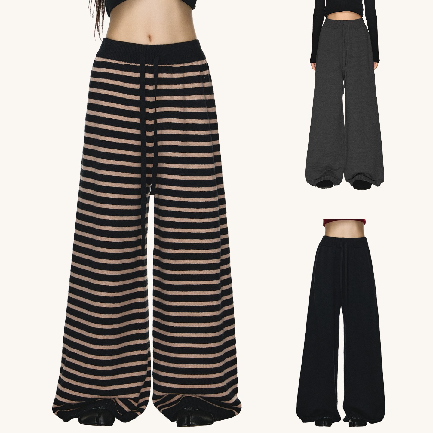 anna aneae条纹针织阔腿裤女秋冬季软糯舒适宽松休闲百搭休闲裤子