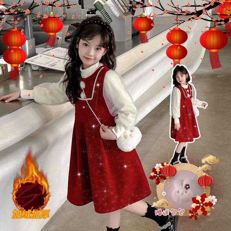 2025新年女童拜年服儿童过年喜庆连衣裙秋冬装红色两件套