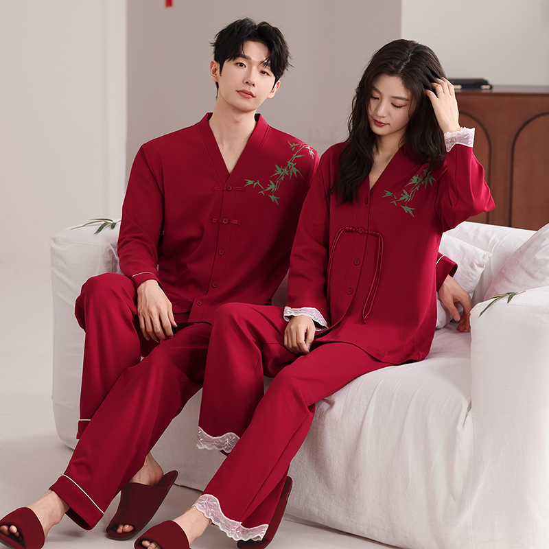 春秋纯棉国风【两套情侣装】红色睡衣情侣长袖结婚新中式盘扣家居服
