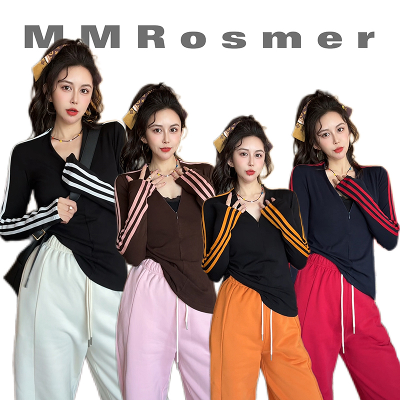 冬季新款时尚长袖V领条杠T恤女士修身显瘦休闲百搭打底衫内搭上衣