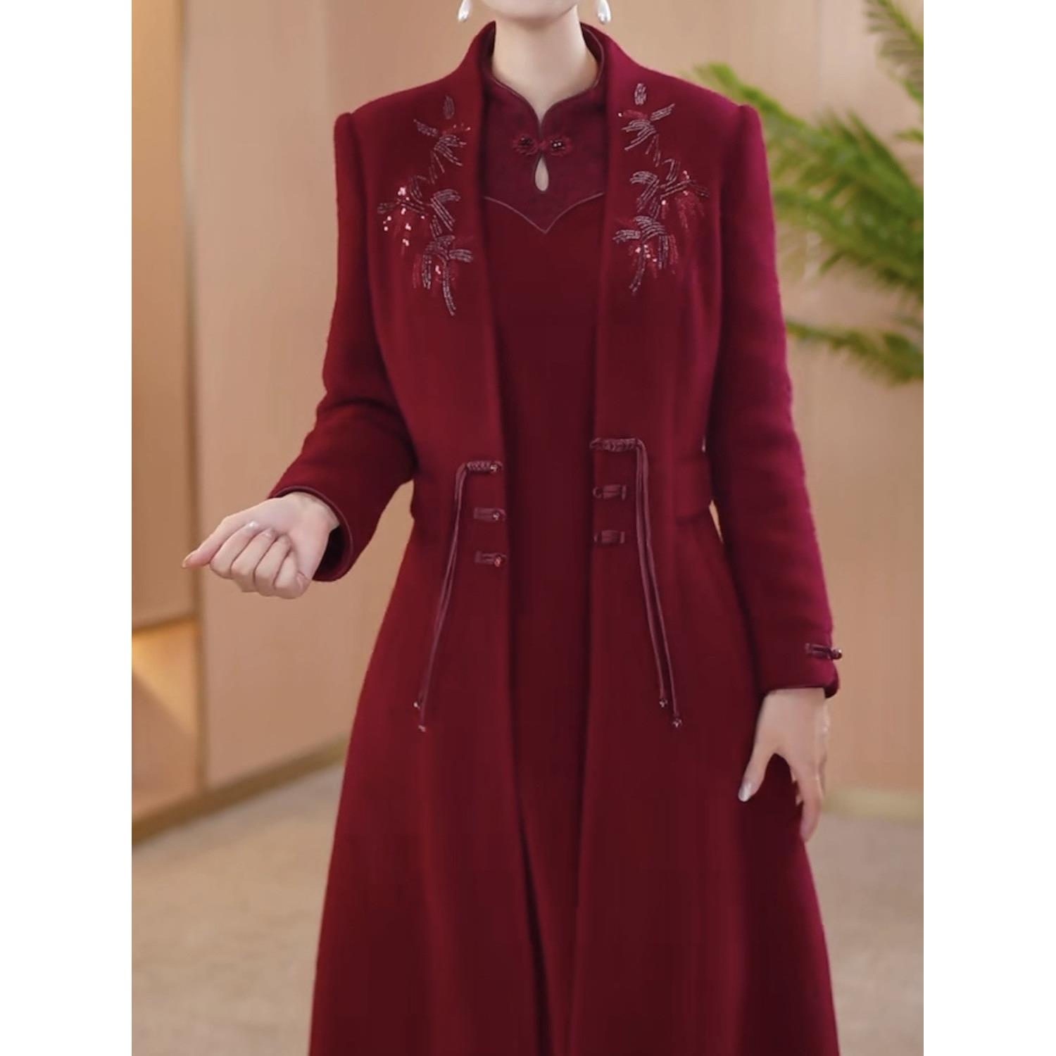 高级北极绒两片刺绣礼服裙女冬季2025新款贵气修身外衣裙子两件套