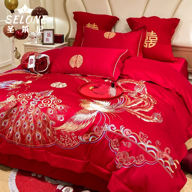 中式高端全棉龙凤刺绣四件套大红色结婚床单床笠陪嫁高档被套床品