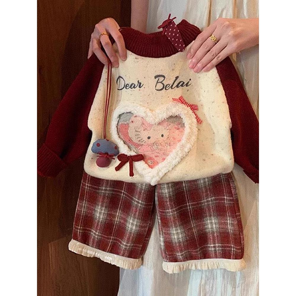 奥莱正品2026秋冬新款拼色可爱kt猫针织上衣女女童加绒加厚针织衫