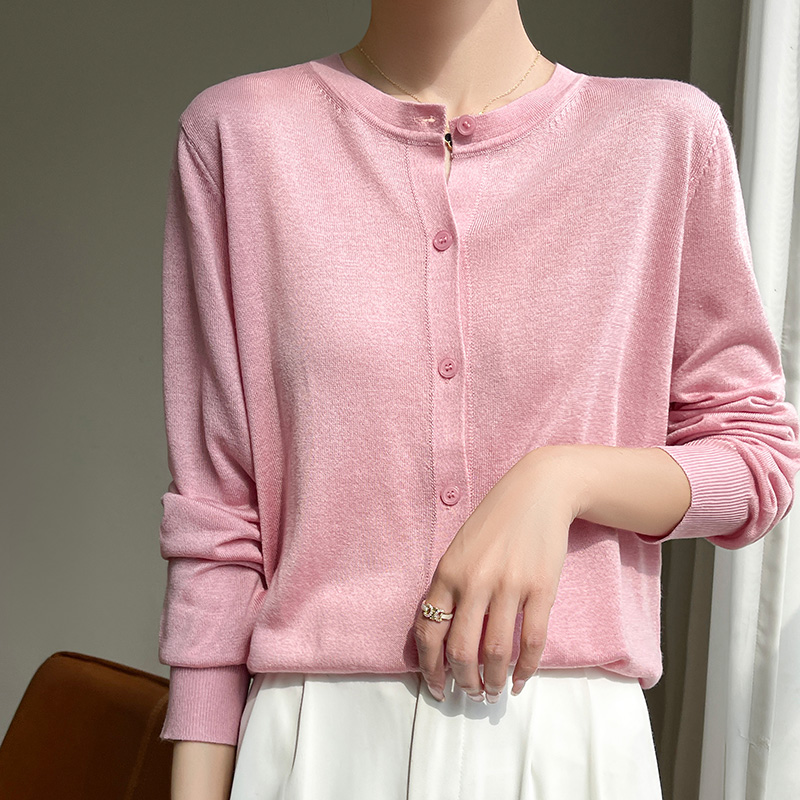 春夏薄款圆领长袖精纺春秋羊毛开衫桑蚕丝防晒衫空调衫女款外搭女