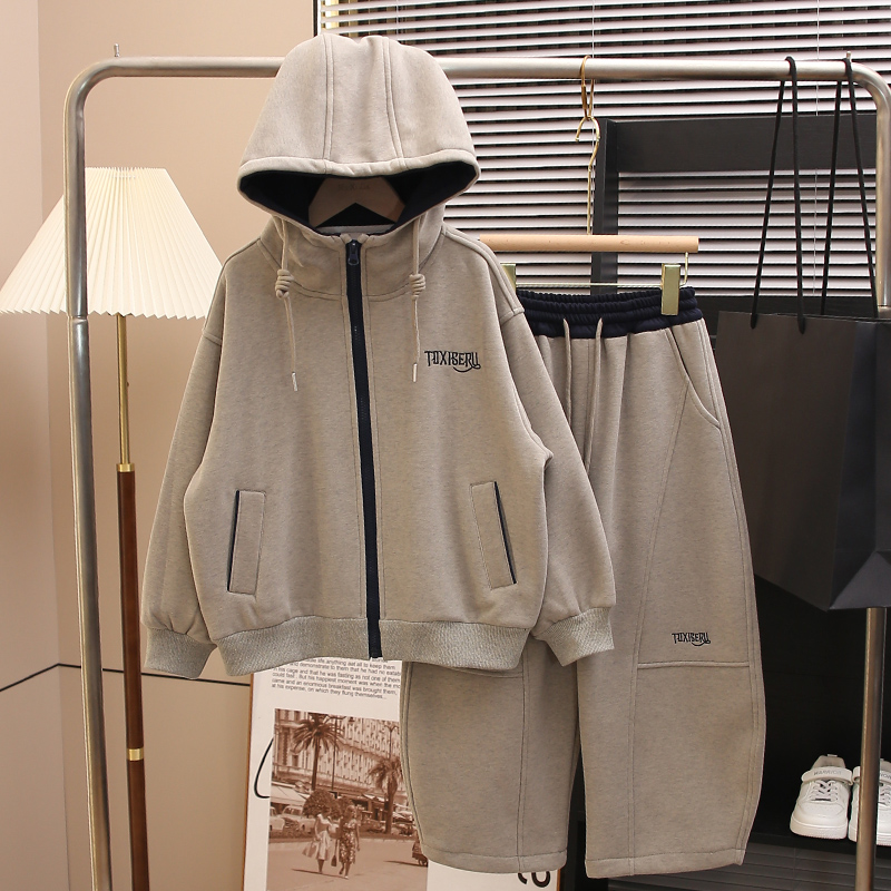 童装男童加绒套装2025新款儿童秋冬装加厚保暖连帽外套宽松百搭潮