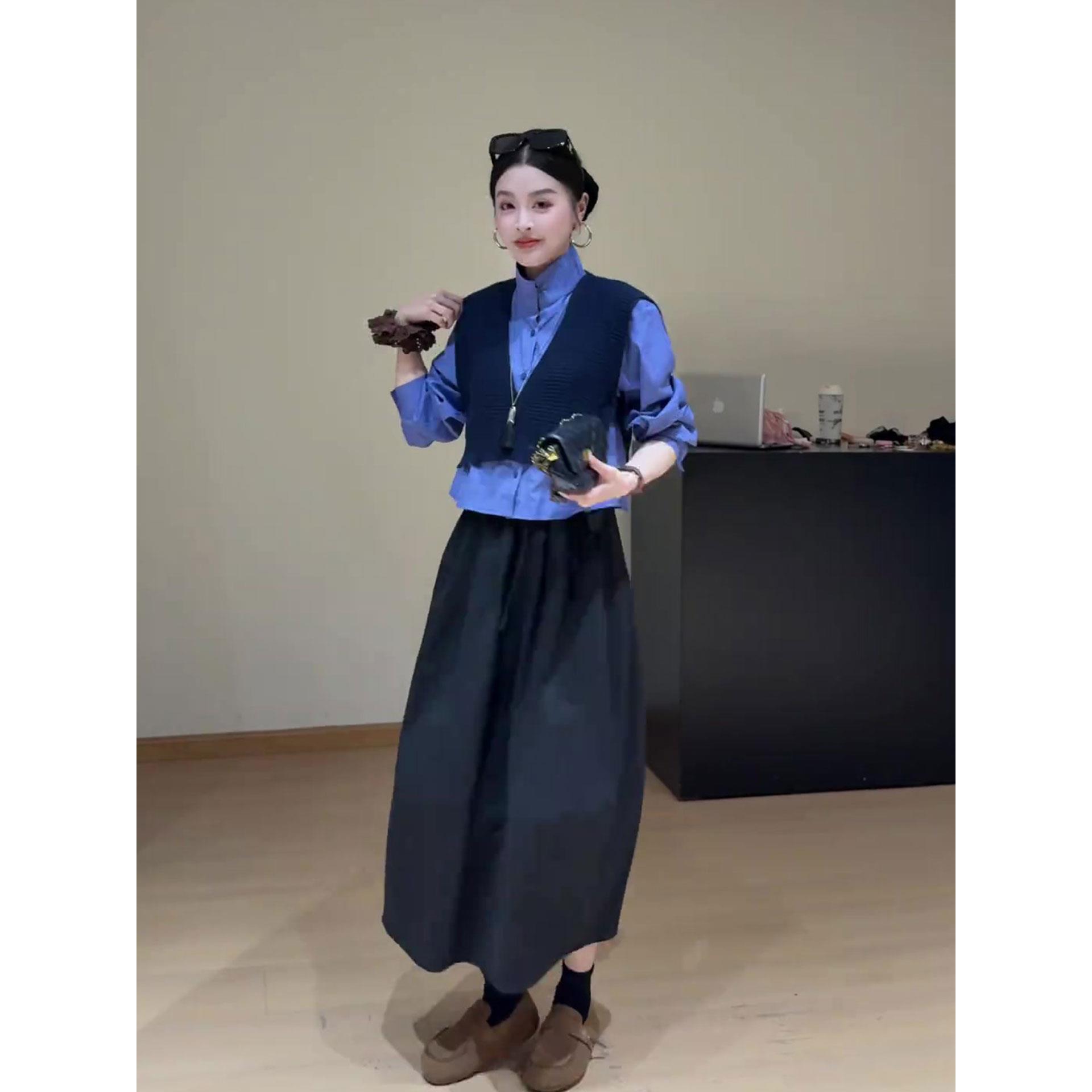 韩系早秋套装时尚长袖衬衫背心马甲高腰半身裙御姐气质穿搭一整套