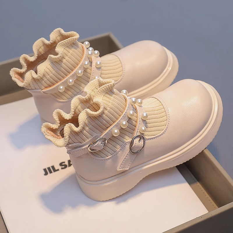 ABC儿童马丁靴女童毛线筒短靴2025秋冬新款女宝宝珍珠加绒袜子靴