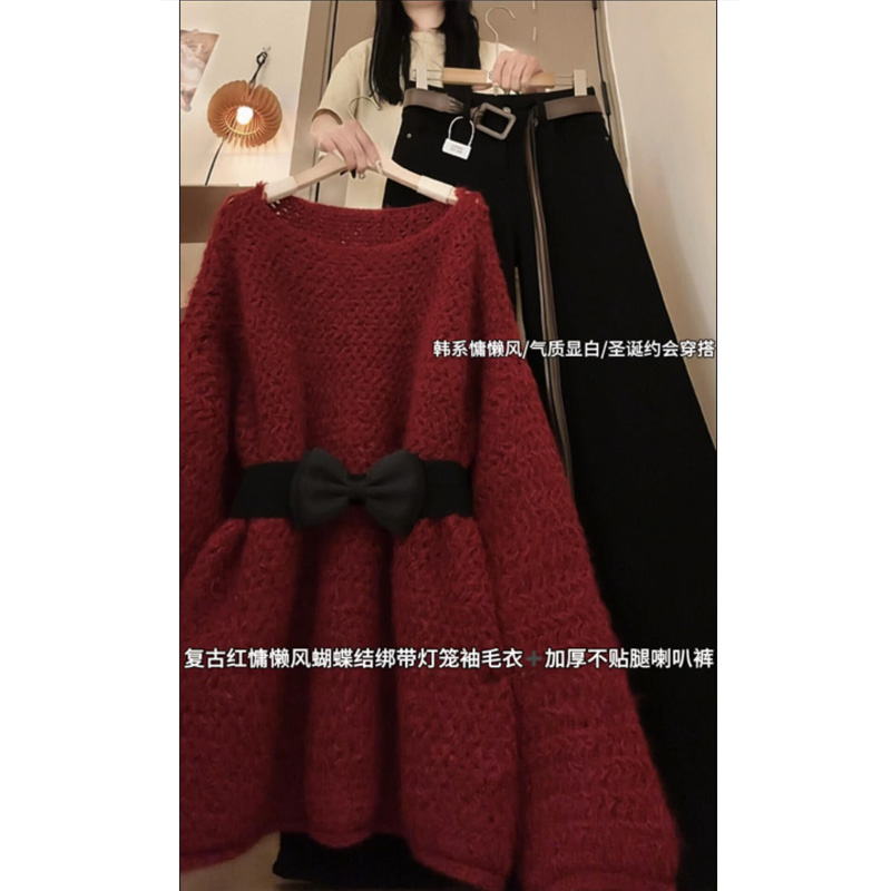 秋季温柔系穿搭女2025新款韩版时尚慵懒宽松针织上衣牛仔裤两件套