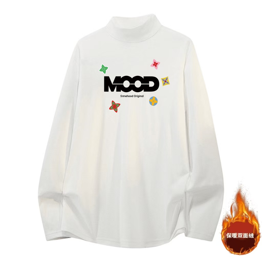 【德绒保暖】美式嘻哈复古飞镖花卉字母印花男女宽松半高领长袖t恤