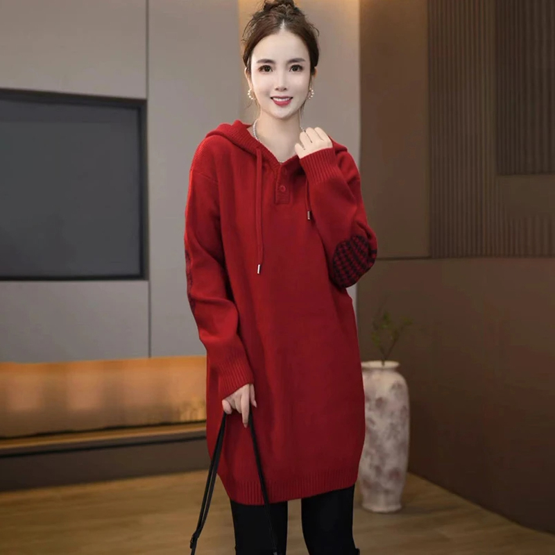 时尚休闲连帽针织衫毛衣女2026年春秋新款中长款慵懒宽松显瘦上衣