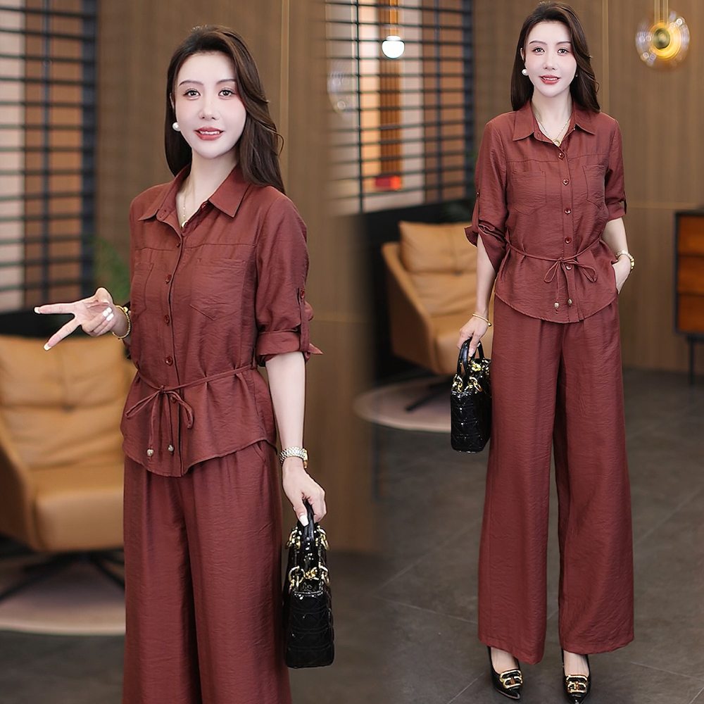 时尚套装女2025秋季新款气质减龄显瘦系带收腰衬衫阔腿裤两件套潮