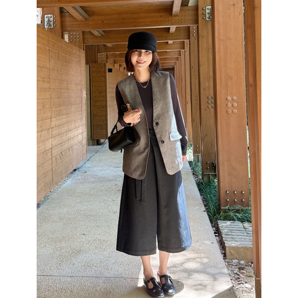 【MGDM】V领雨露麻棉双纱色织灰色气质老钱风轻薄西装马甲外套女