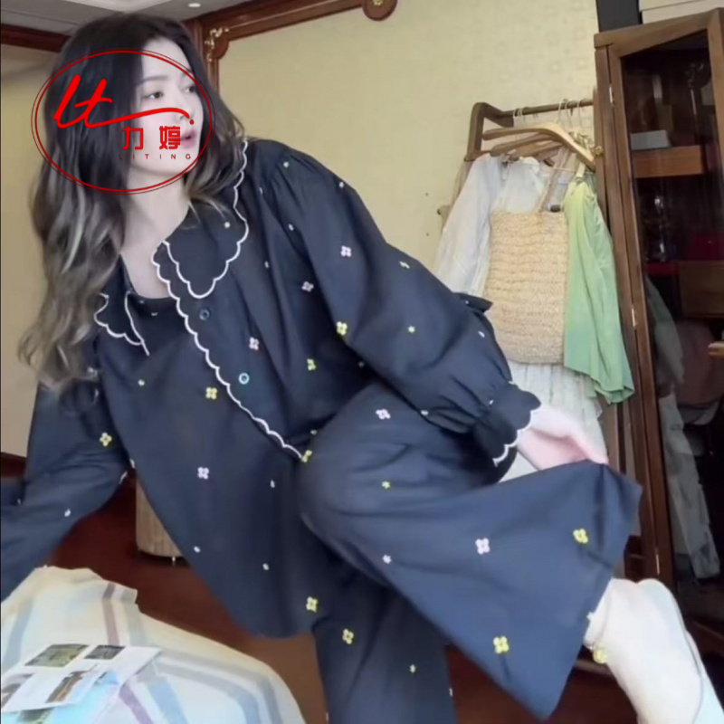 力婷睡衣女士春秋新款长袖长裤法式宫廷风甜美家居服休闲套装