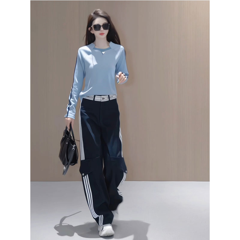 2025秋季时尚显瘦韩版撞色长袖t恤三条杠直筒裤休闲松弛感两件套
