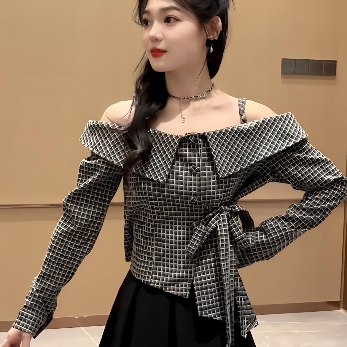 休闲风韩版短款法式小衫春季复古露肩方领格子时尚套装气质显瘦