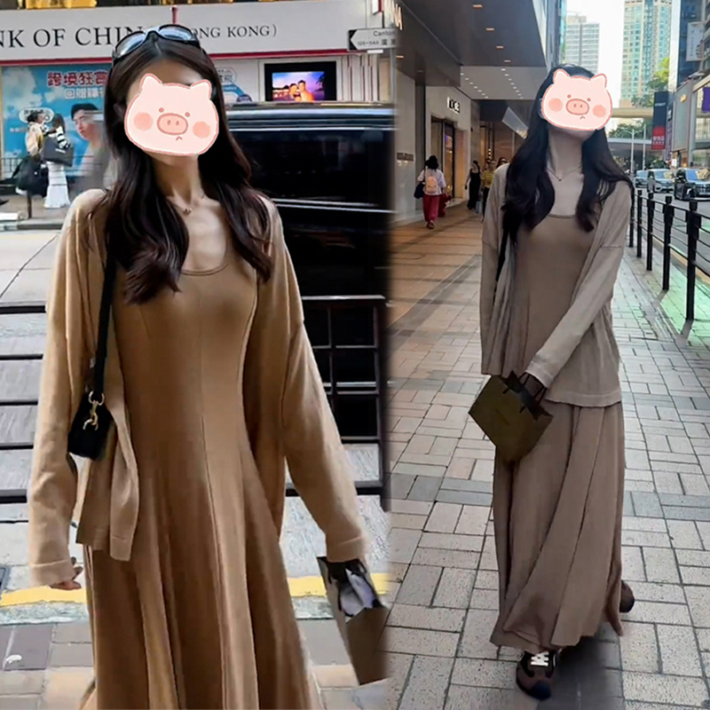 独特超好看卡其色针织连衣裙套装早秋女装温柔气质超好看国风裙子