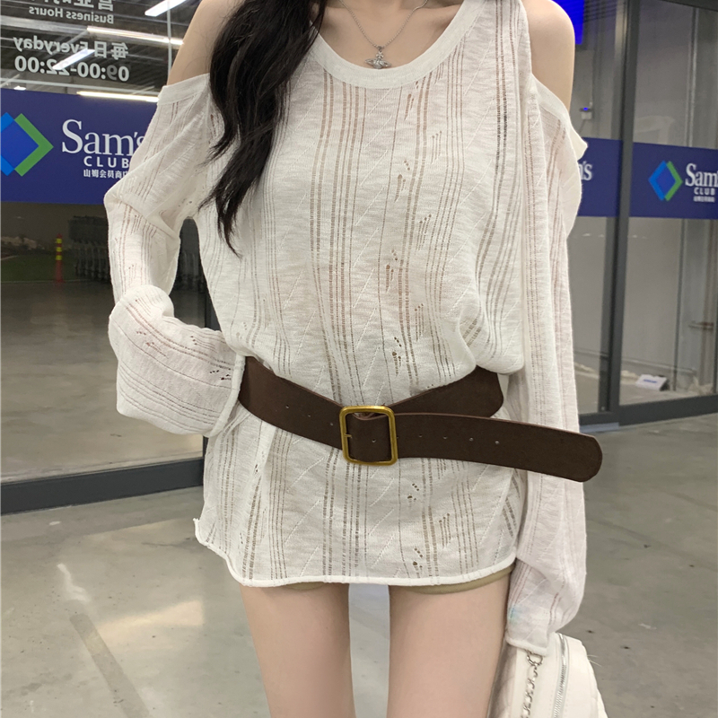 秋季新款百搭露肩长袖圆领外搭防晒显瘦宽松针织衫带腰带