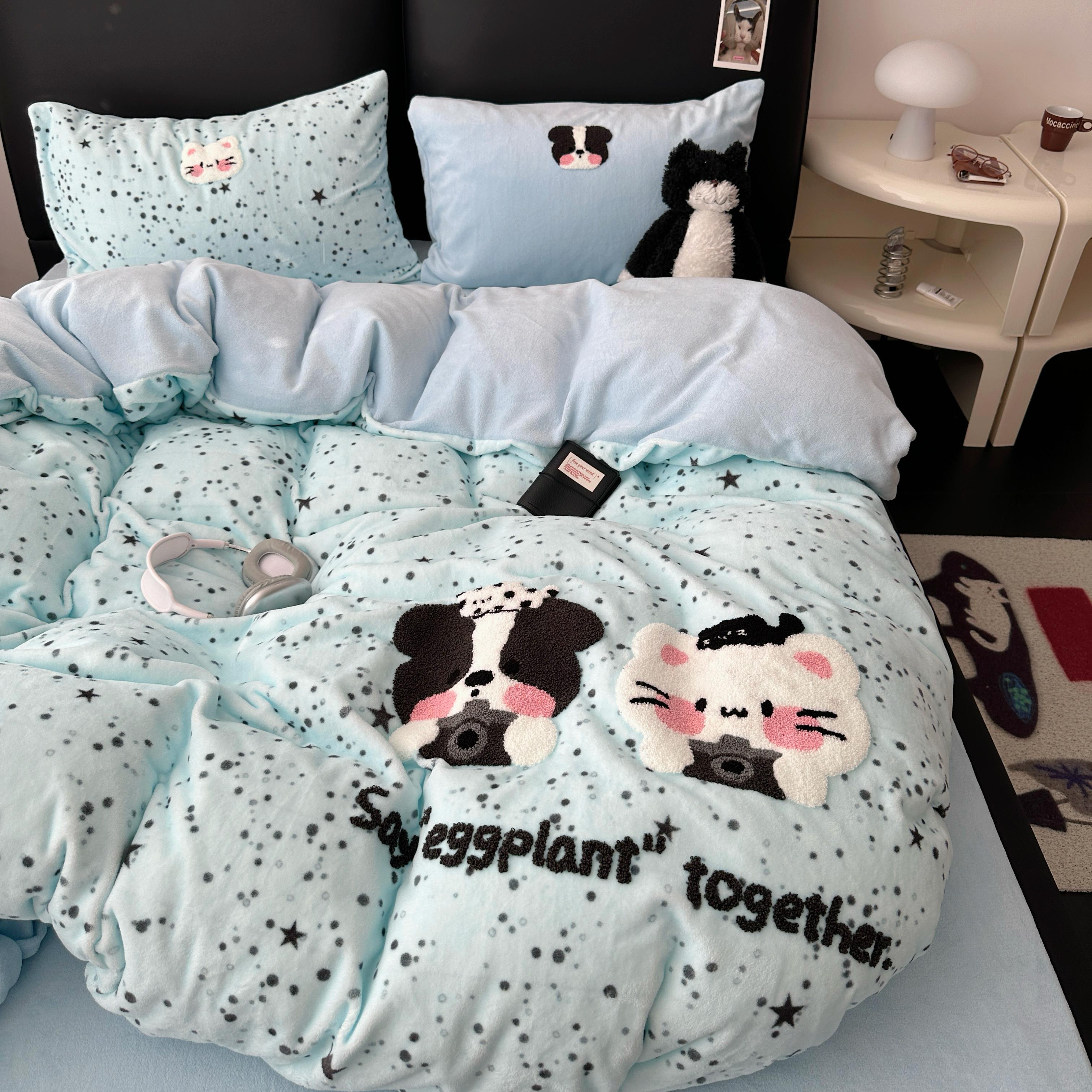 猫咪日记卡通苹果熊加厚被套高克重牛奶绒四件套三件套床品