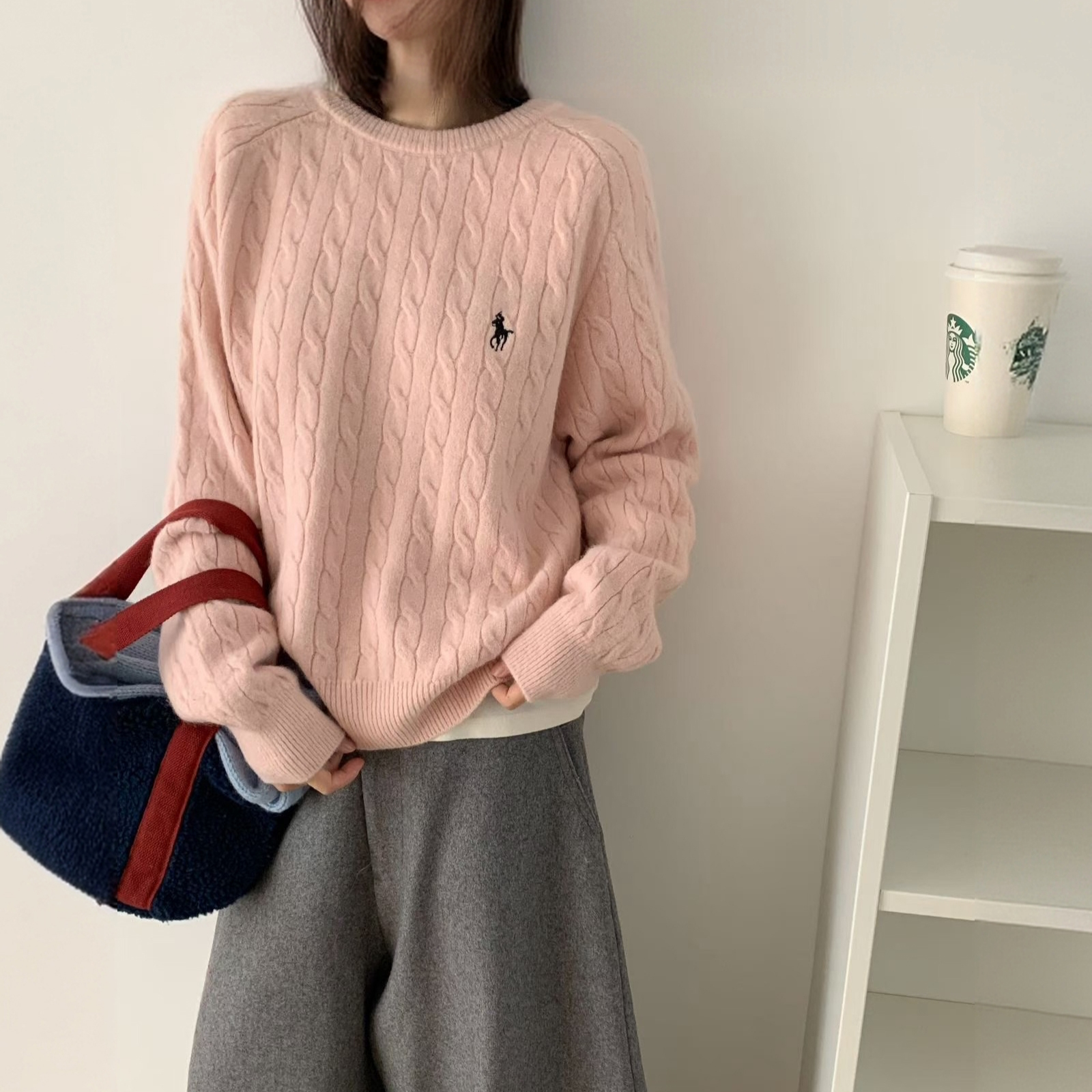 经典麻花圆领毛衣女秋冬新款宽松套头针织衫纯色显瘦打底衫1401