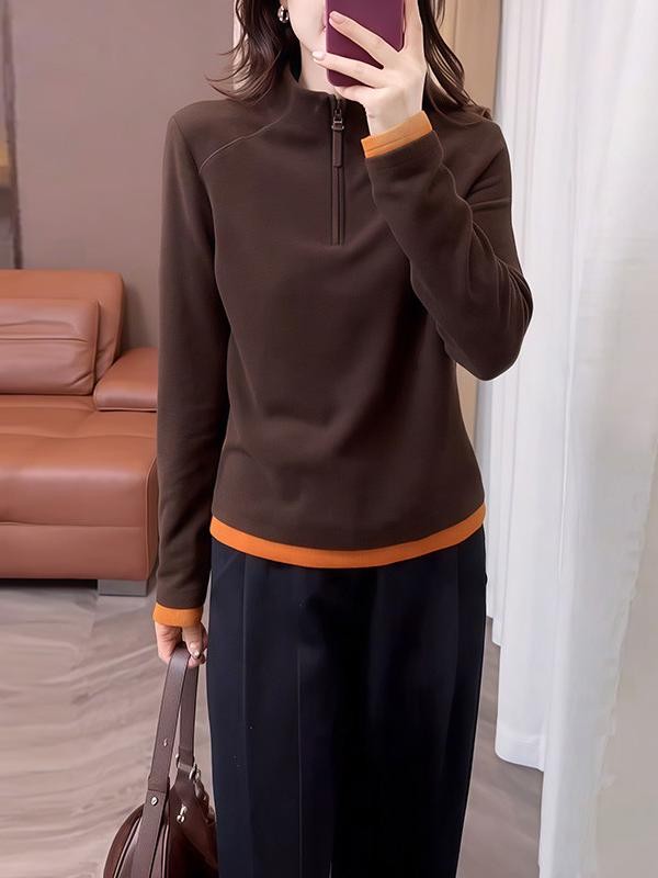 欧货设计感2025秋冬半拉链拼色德绒长袖卫衣女磨毛保暖打底衫上衣