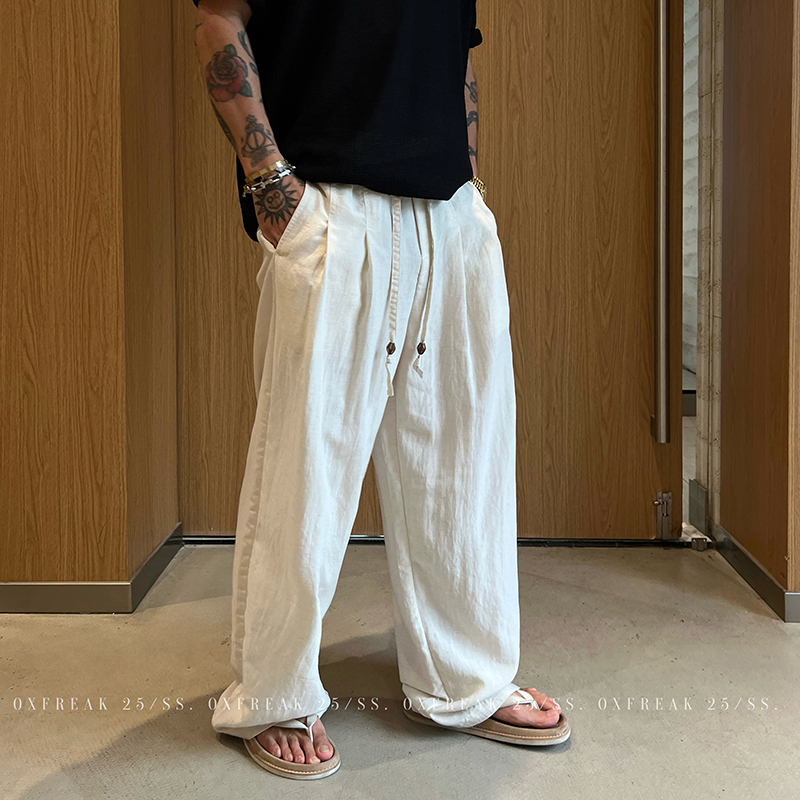 OXFREAK「民族风抽绳」天丝亚麻老钱风休闲裤男薄款宽松直筒裤子