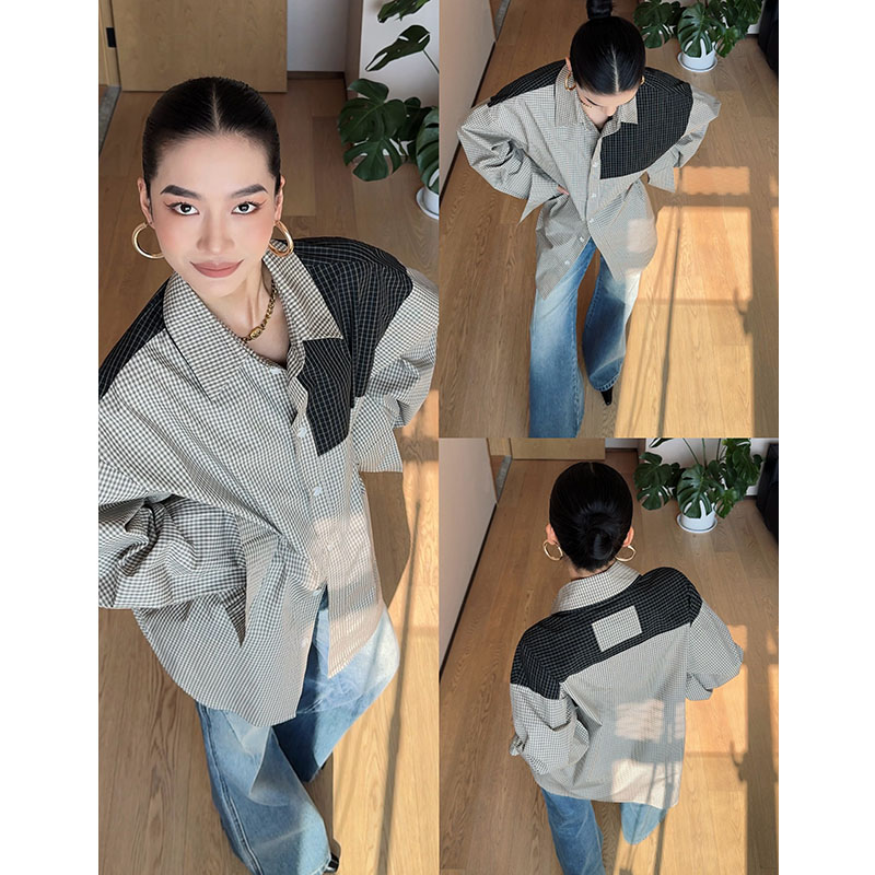 【斯里兰卡随笔】衬衣舒适透气时尚拼接格纹设计款纯棉长袖衬衫