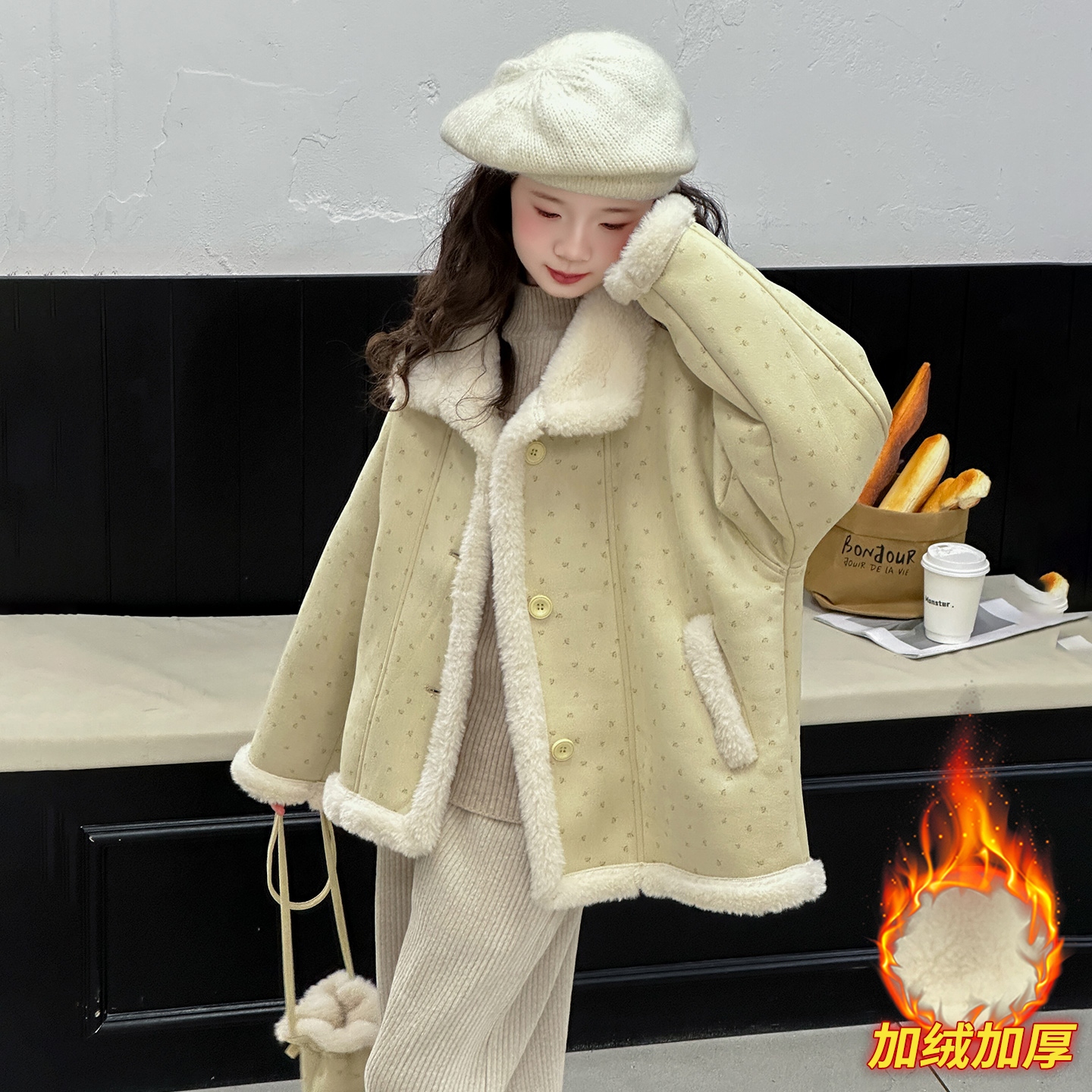 女童冬季加绒外套2025新款洋气时尚碎花皮草6-12岁中大童冬款衣服