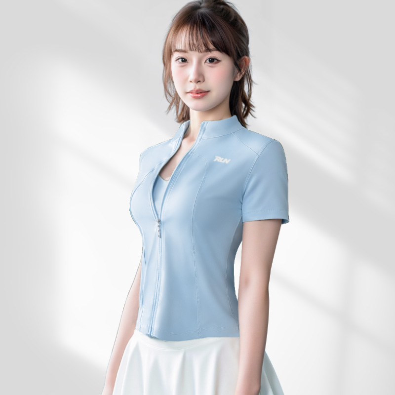 夏季短袖外套女弹力立领修身裸感骑行马术台球健身瑜伽运动开衫
