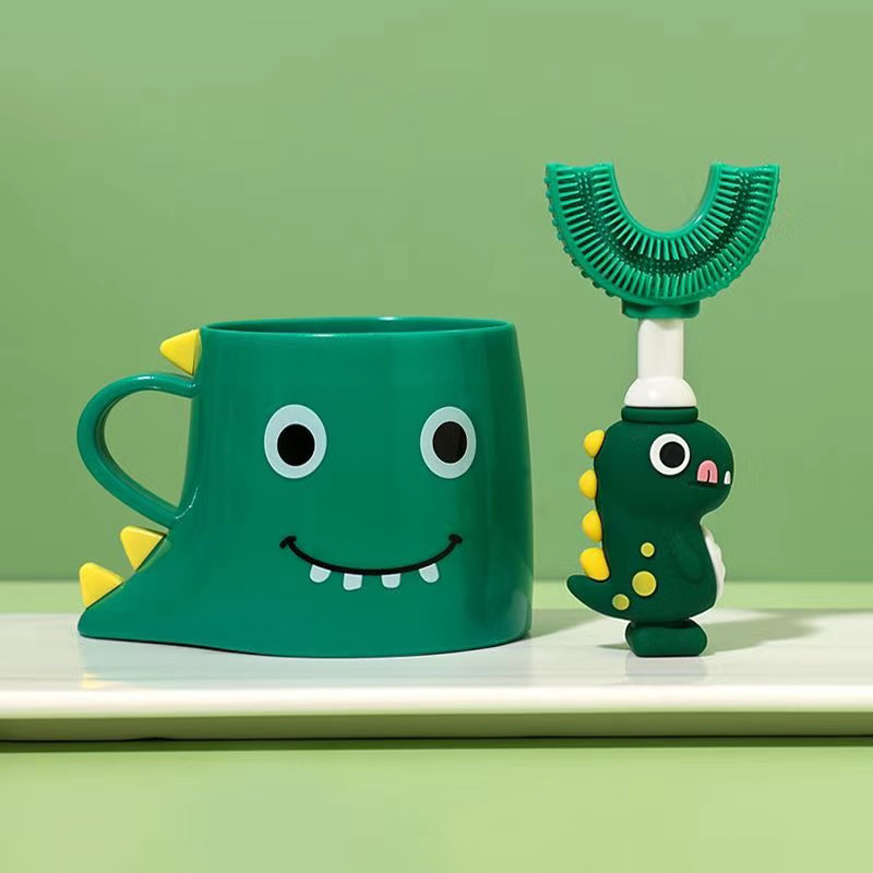 1-3-6岁儿童恐龙U型软毛牙刷宝宝小孩婴幼儿可爱专用卡通硅胶套装