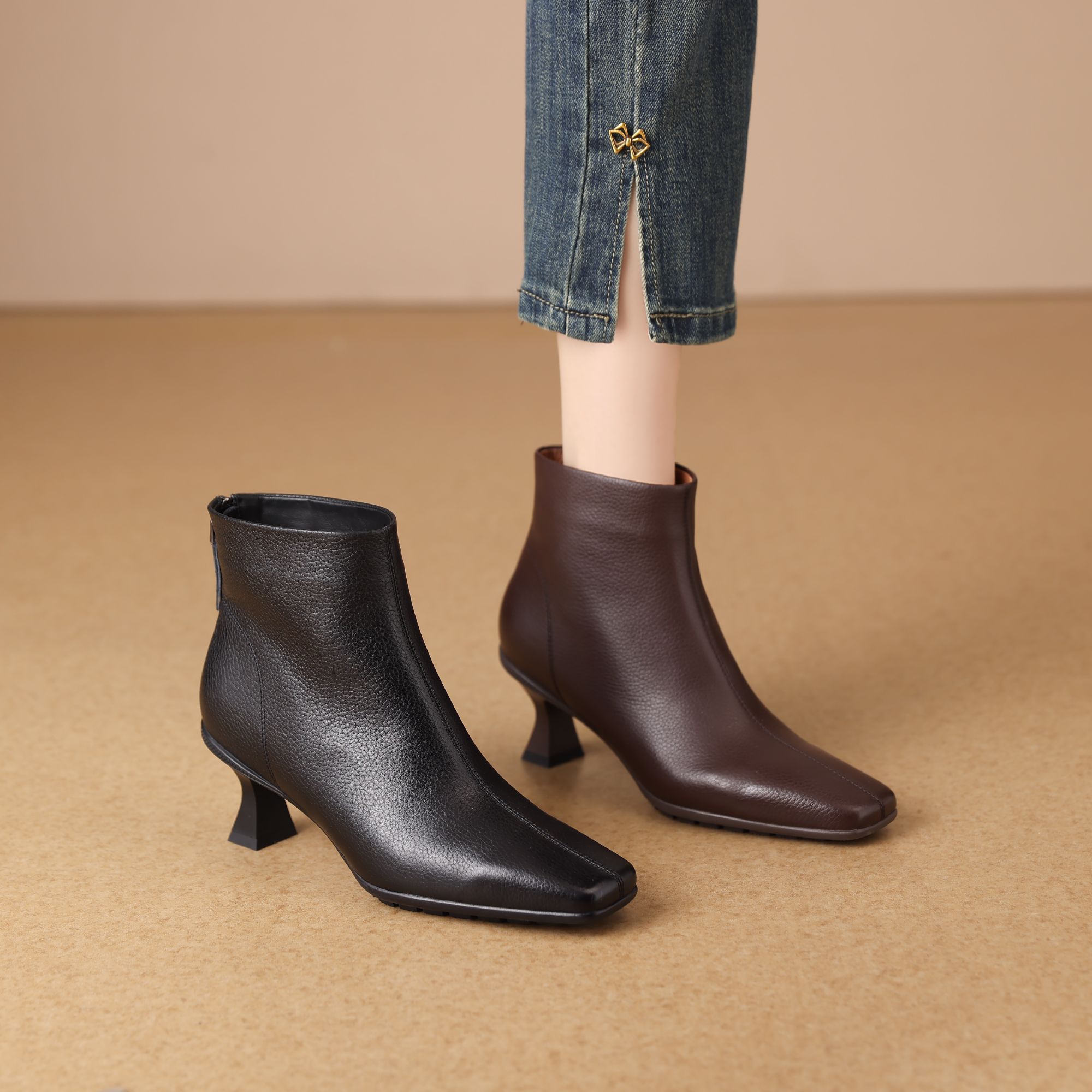 邓老板暴走王牛皮5cm时髦出街时装靴欧美名媛气质方头短靴1811