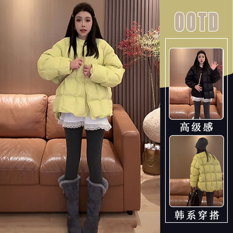 黄色棉服女冬季独特超好看小个子面包服短款棉衣网红炸街无领外套