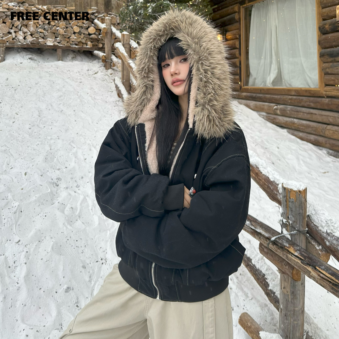 FREE CENTER美式短宽版型座山雕外套连帽毛领外套男女加厚保暖冬