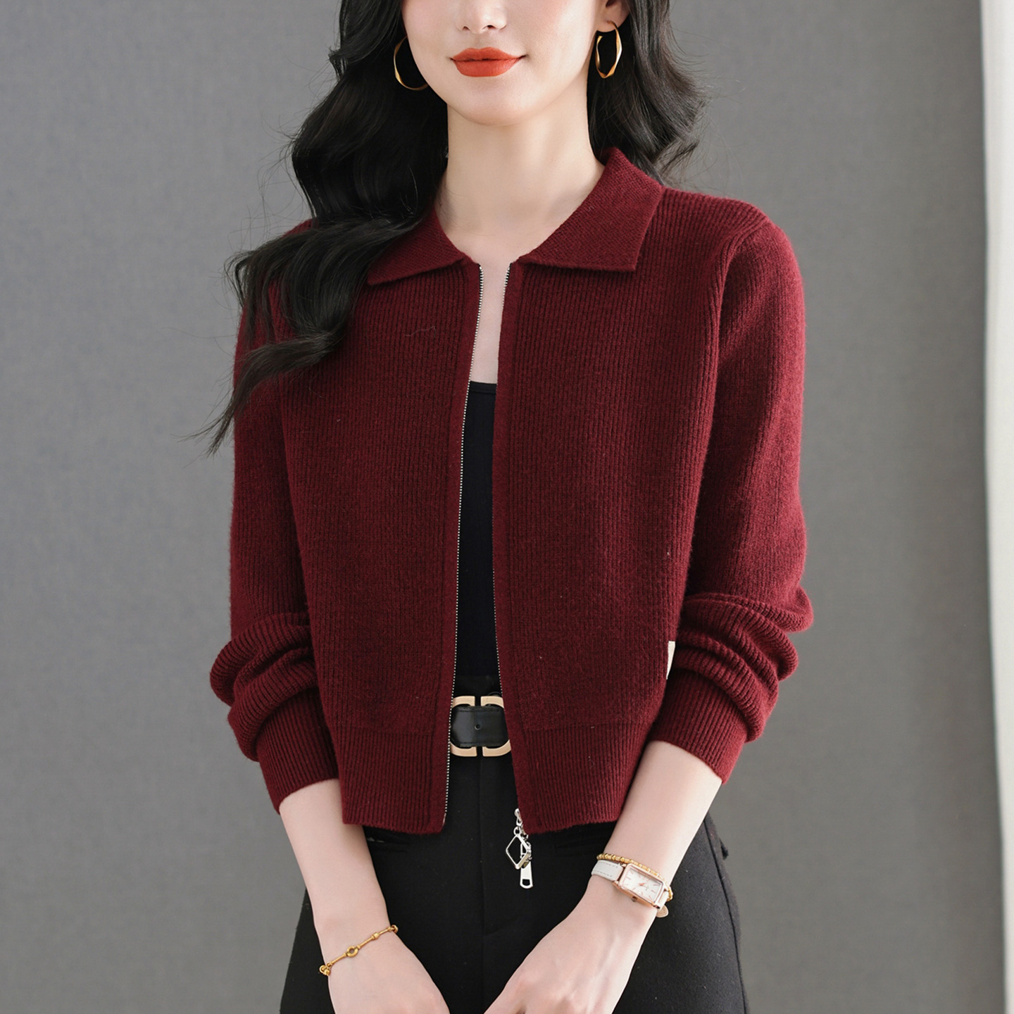 早秋新款女小个子短款开衫毛衣翻领针织羊毛衫外套妈妈专柜正品