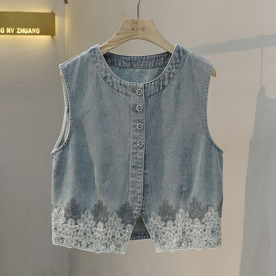 法式小香风蕾丝钩花亮片下摆牛仔马甲女2025春款圆领无袖坎肩外套