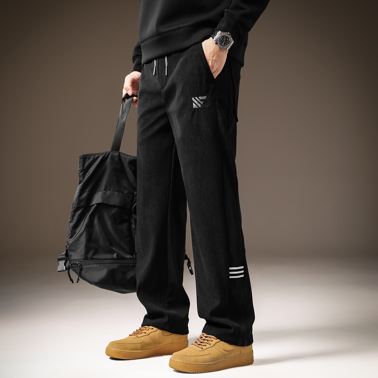 高端华夫格灯芯绒运动卫裤男冬季新款宽松直筒美式潮牌休闲裤子男