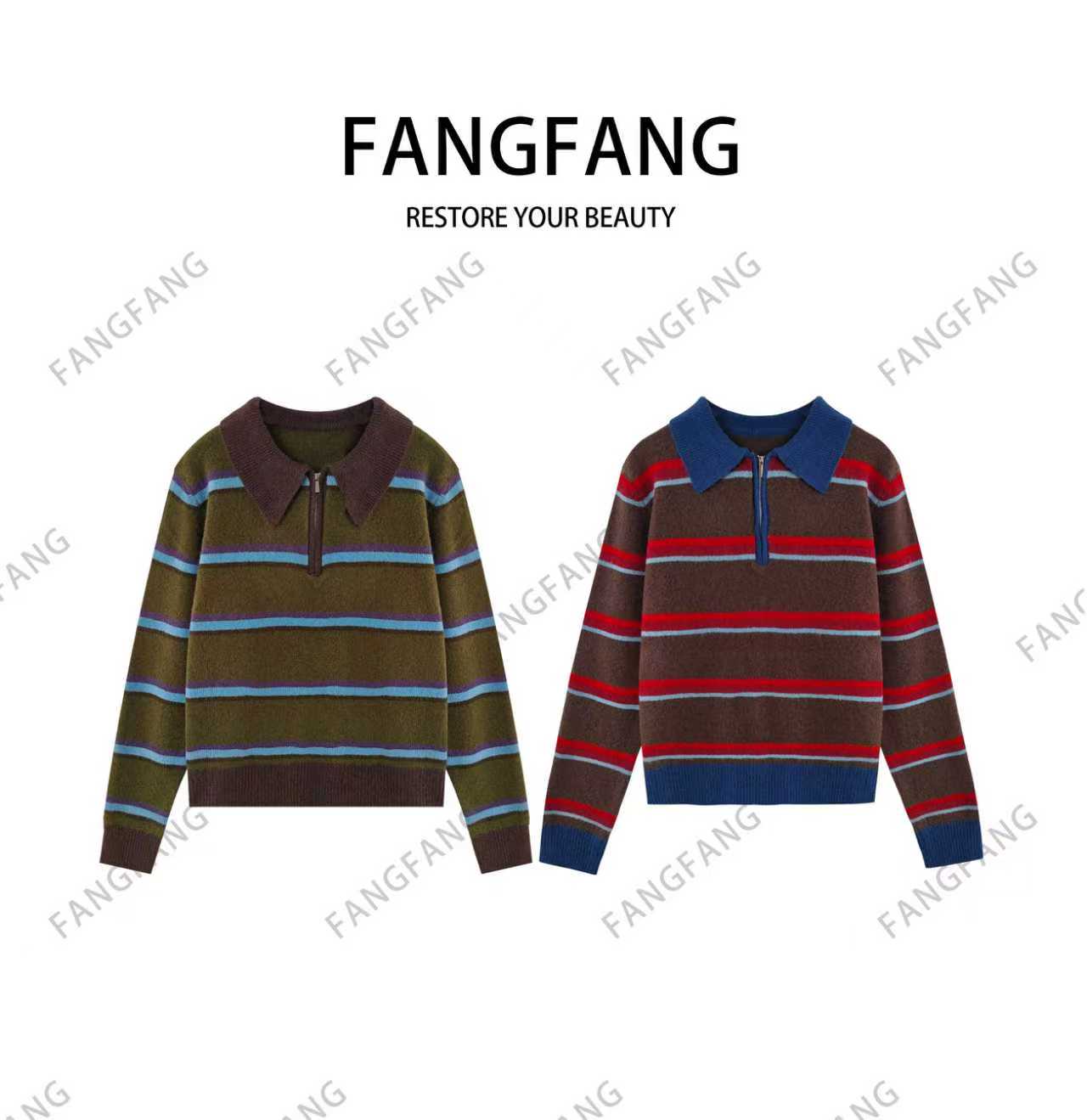 F.F慵懒风针织条纹厚款毛针织衫翻领冬季毛衣6628