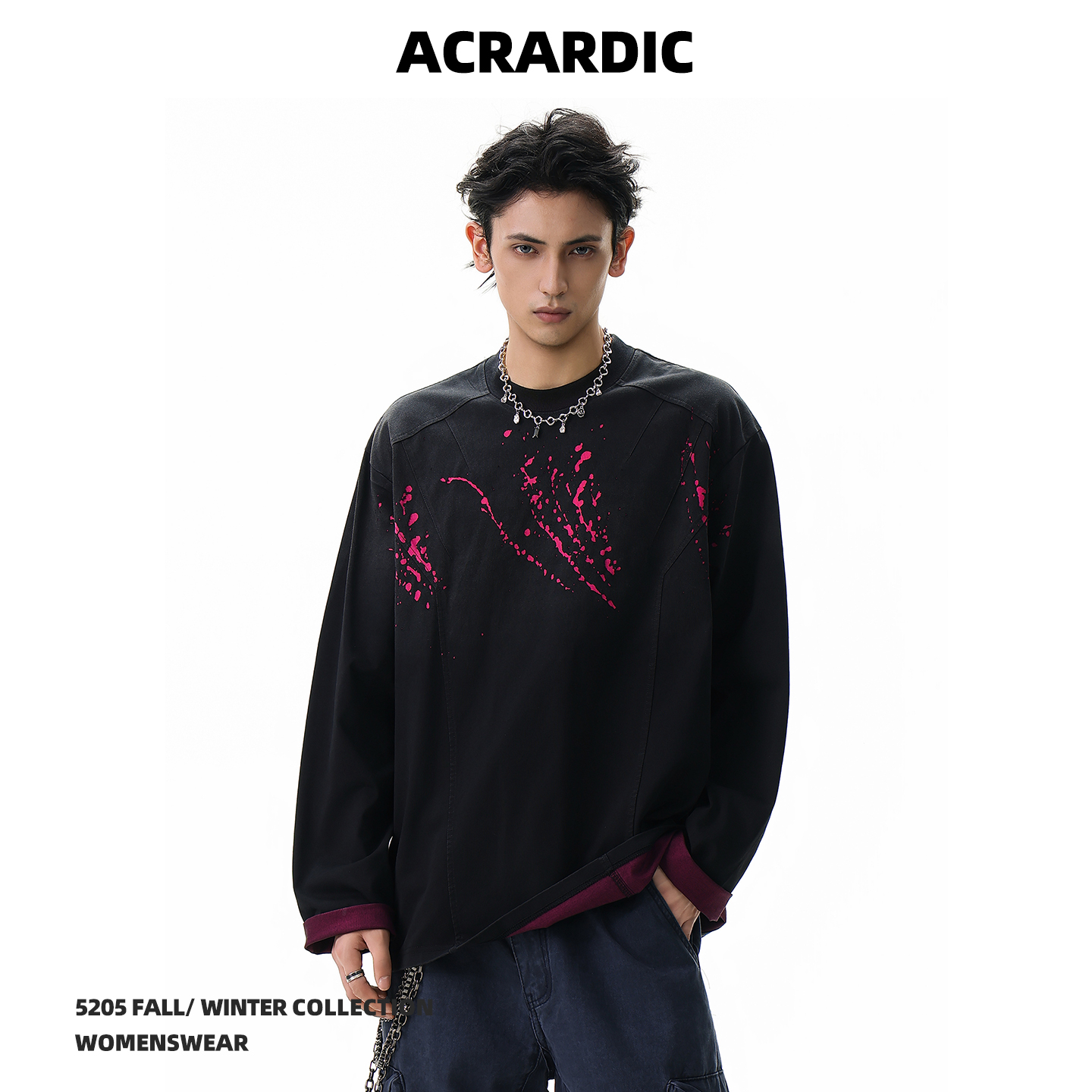 ACRARDIC高级感水洗做旧渐变T恤男破碎设计高街vibe痞帅长袖上衣